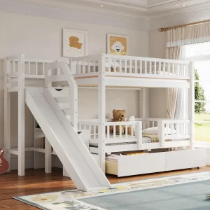 Twin Bunk Bed, Slide, Storage Drawers & Staircase